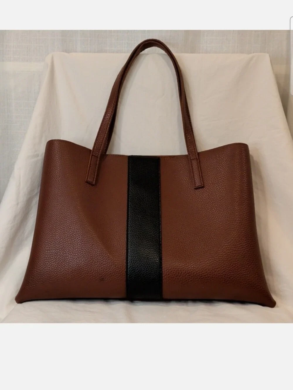 Vince Camuto Vegan Leather Tote Bag- Brown With Black Stripe